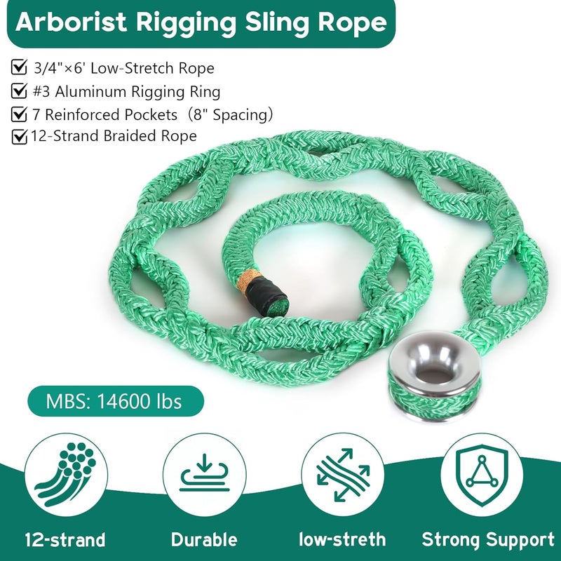 KLYTORX 3/4" Rigging Ring Sling Rope- 6FT Arborist Rope with #3 Aluminum Ring & 7-Pockets Adjustment Climbing Slings - 14,600 lbs MBS - Friction Saver for Tree Rigging, Speedlines & Canopy Anchors - Image 2